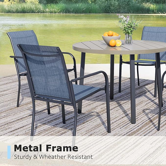 5 Pieces Round Dining Table Set for 4, Patio Dining Set Includes 4 Blue Stackable Patio Chairs and 1 Honey Oak Round Table, Patio Furniture Sets with Sling Support for Outside, Garden