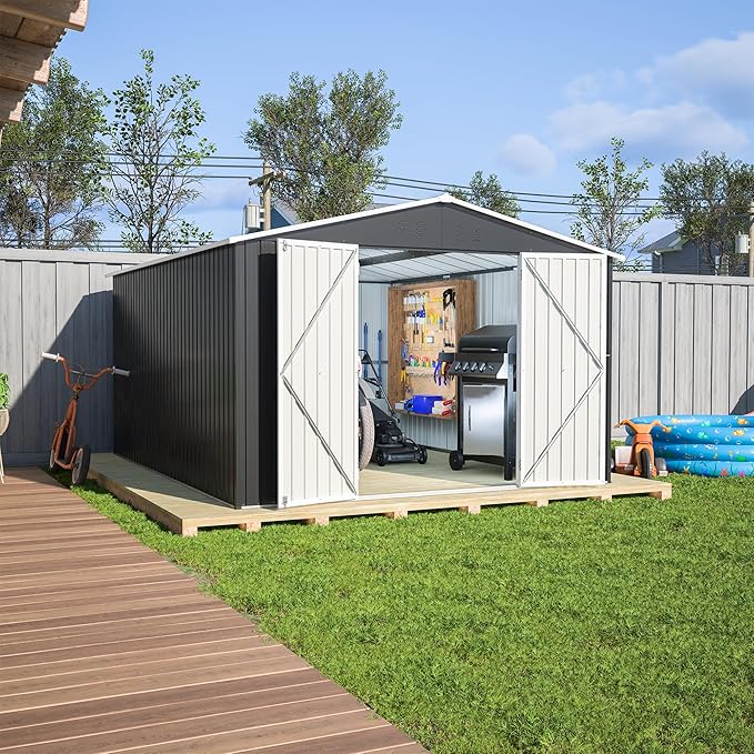 10x12 FT Outdoor Storage Shed, Large Metal Garden Shed with Lockable Hinged Doors, Outside Tool Shed with Sloped Roof & 4 Air Vents, Waterproof Storage Building for Backyard, Patio, Lawn, Black