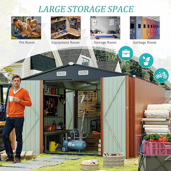 9x11 FT Outdoor Metal Storage Shed with Lockable Door, Steel Garden Utility Shed with Vents, Backyard Patio Tool Shed for Lawn Equipment, Bike, Firewood and Mower Storage, Brown