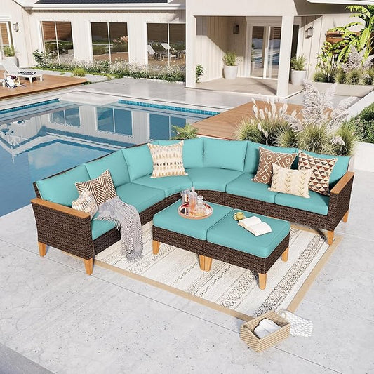 GREEN PARTY 8 Pieces Wicker Patio Furniture Set, All-Weather Outdoor Rattan Half-Moon Curved Patio Sectional Sofa Conversation Set 8 Seats with 4" Thick Cushions for Backyard, 2 x Ottomans (Blue)