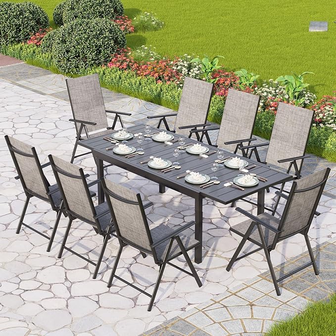 PHI VILLA 7 Piece Outdoor Patio Dining Set, Adjustable Folding Patio Chairs Reclining (Grey) with Extendable Metal Steel Dining Table for Outdoor, Garden, Lawn