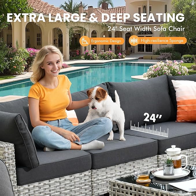 Outdoor Sectional Patio Furniture Set with Fire Pit Table and Glowing Table,6 Pieces Wicker Conversation Sets L Shaped Couch Out Door Sofa Set Outside Furniture for Garden Deck Yard,Black