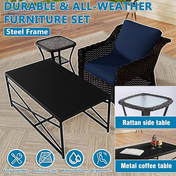 Vista Vibe 6 Pieces Outdoor Rattan Patio Conversation Furniture Set - 360 Degree Swivel Glider Rocker Chairs | Coffee Table | 2 Wicker Chairs, Washable Cushions, Terrace, Sunroom (Brown/Navy)