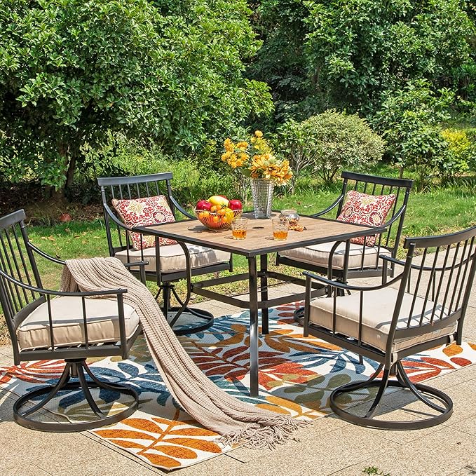 Sophia & William 5 Pieces Patio Furniture Set for 4 People, Metal Patio Outdoor Dining Set with Imitation Wood Patio Table and Swivel Chairs, Conversation Bistro Set for Garden, Yard, Poolside
