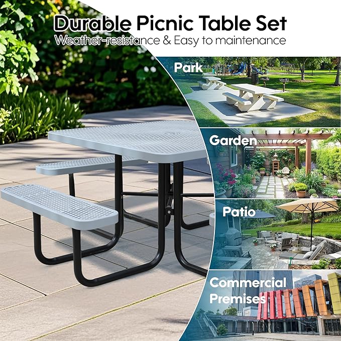 8-Person Picnic Tables for Outdoors, Industrial 46" Expanded Metal Square Picnic Table with 4 Benches & Umbrella Hole, Outside Table and Bench Set for Garden, Backyard, Porch, Patio, Grey