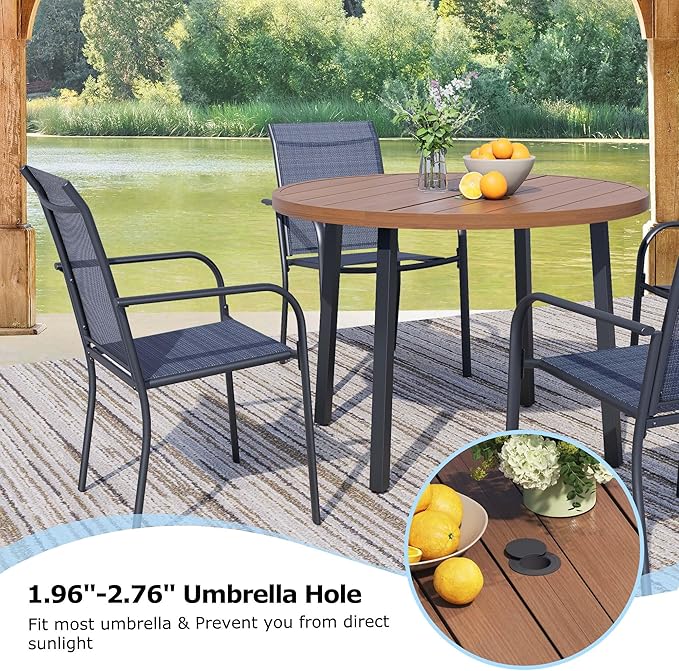 5 Pieces Round Dining Table Set for 4, Patio Dining Set Includes 4 Dark Blue Stackable Patio Chairs and 1 Walnut Round Table, Patio Furniture Sets with Sling Support for Outside, Garden