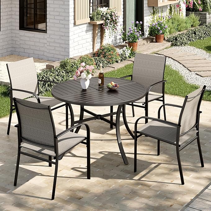 Patio Table and Chairs Set for 4, 5 Pieces Outdoor Dining Set, 4 Brown Textilene Chairs and 42" Metal Round Table with Umbrella Hole, for Deck Garden Backyard Lawn Poolside
