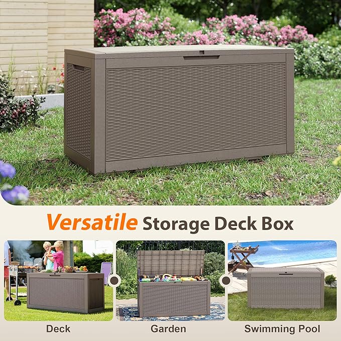 LHBcraft 100 Gallon Outdoor Storage Box Waterproof, Lockable Patio Storage Boxes Outdoor Waterproof for Furniture, Resin Deck Box Doubles as 2-Person Bench Seat, Gardening Tools, Grey