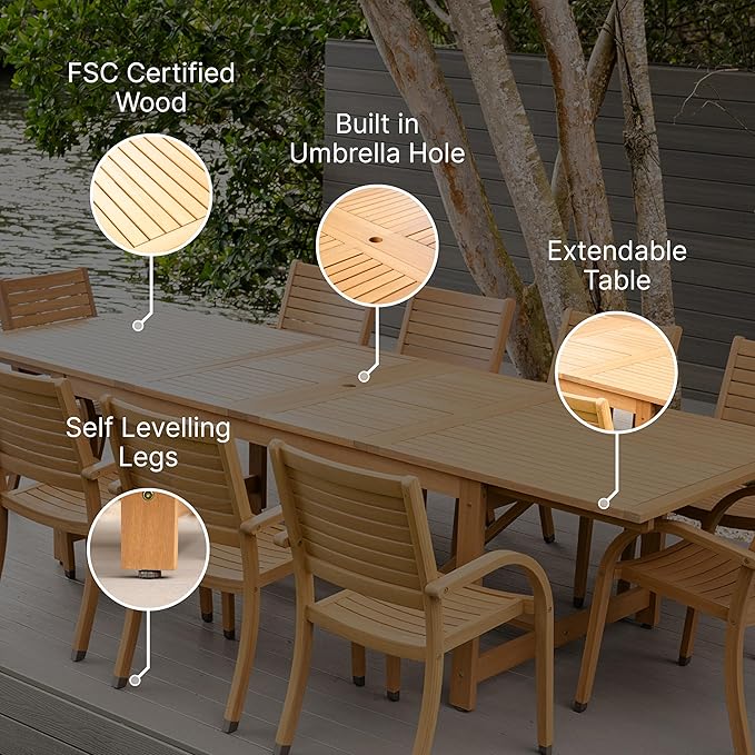 Amazonia Jefferson 13-Piece Patio Extendable Dining Table Set | Teak Finish & Light Grey Wicker Chairs with Cushion | Ideal for Outdoors and Indoors