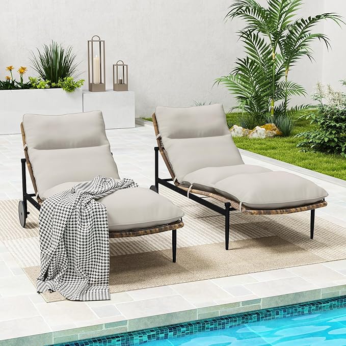Chaise Lounge Set of 2 - PE Rattan Wicker Patio Pool Lounge Chair with Cushion and Wheels, Aluminum Waterproof Chaise Lounger for Poolside Backyard Deck Porch