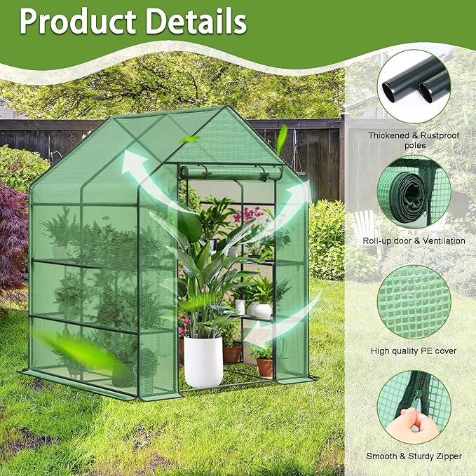Greenhouse, 56 x 56 x 76'' Heavy Duty Greenhouses for Outdoors, Green House with Roll-Up Door Thicken PE Cover, Portable Walk-in Green Houses for Outside with 3 Tier 8 Shelves