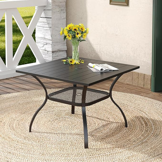 DIFY Square Patio Dining Table for 4, 38" Black Outdoor Metal Dining Table with 1.57" Umbrella Hole for Backyard, Lawn, Garden and Deck