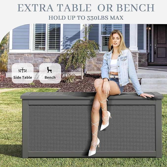 NUNU LAB 260 Gallon Outdoor Storage Box, Large Resin Deck Box with Double Wall Panels, Waterproof Patio Storage Bin for Garden Tools, Pool Accessories, Package Deliveries & Outdoor Gear,Grey