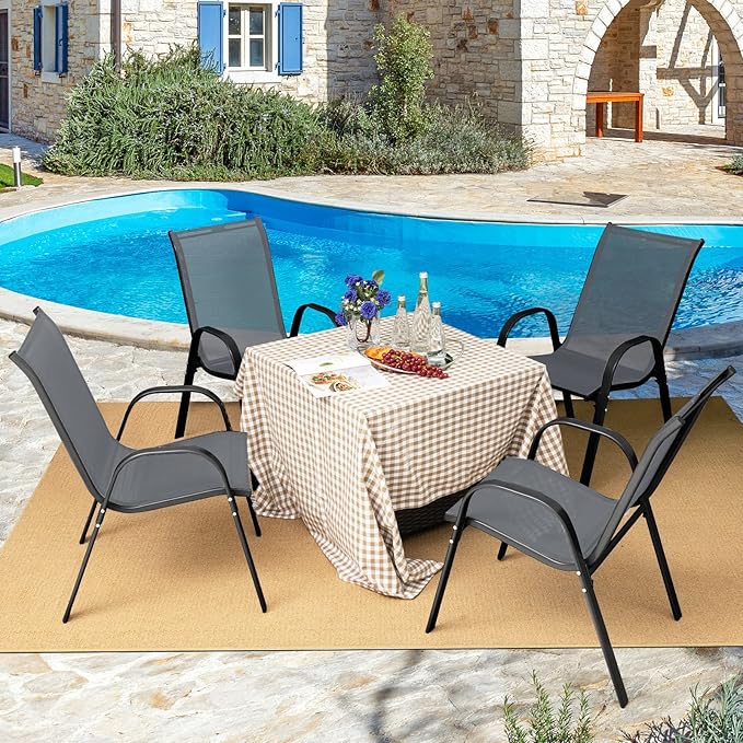Tangkula Patio Dining Chairs Set of 4, Outdoor Stackable All Weather Heavy Duty Dining Chairs Set with Armrests, Support 330 LBS, for Poolside, Backyard, Garden, Deck, Front Porch (Grey)