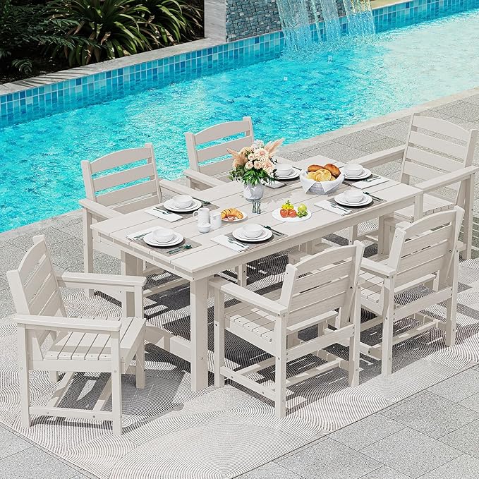 SERWALL HDPE Outdoor Dining Table for 6, 67" Rectangle Patio Dining Table with Umbrella Hole, White