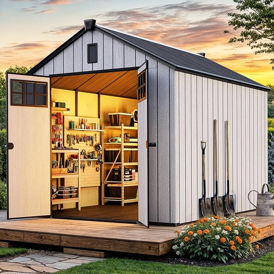 YITAHOME Outdoor Storage Shed 8x10 Ft, Plastic Storage Sheds with Floor, Lockable Doors, Windows, and Vents for Patio, Lawn, Backyard, Large Garden Storage for Bikes, Mowers, and Garden Tools, Gray
