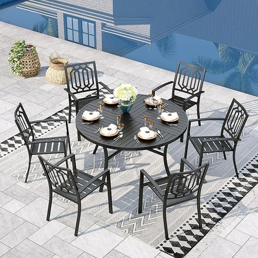 Sophia & William Round Patio Table and Chairs Set, Outdoor Dining Set for 6, 7 Piece Metal Patio Furniture, 54" Black Table(Geometry)