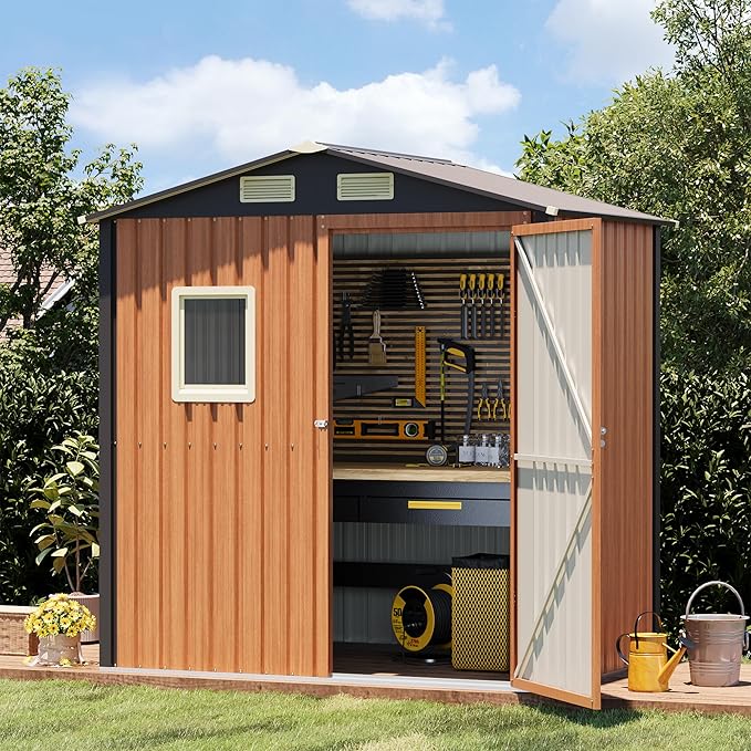 6x4FT Outdoor Storage Shed, Metal Garden Shed with Updated Frame Structure, Lockable Door and Window, Large Tool Shed for Backyard, Patio,Lawn,Utility & Bike Storage