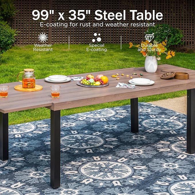 PHI VILLA 7 Piece Patio Dining Set for 6, Expandable Wood-Like Metal Dining Table & Wicker Chairs with Cushions, Large Dining Furniture for Outdoor Deck, Backyard, Porch