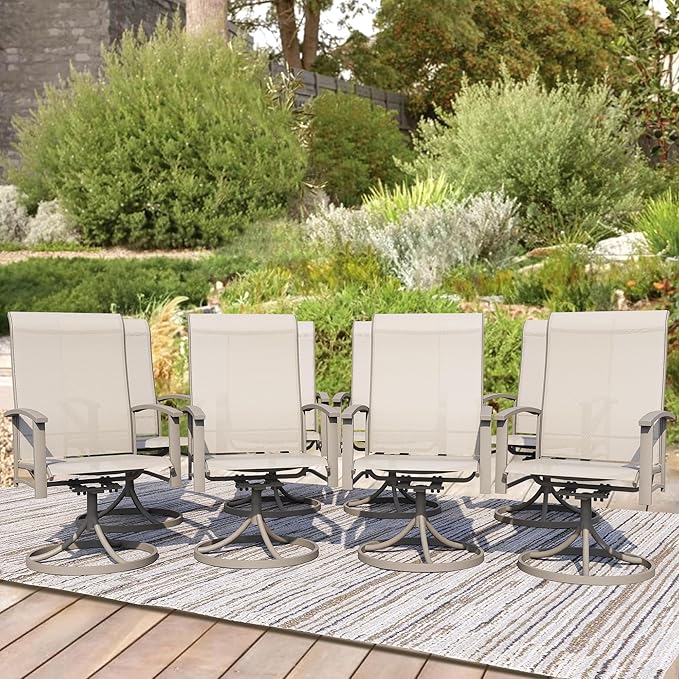 Patio Swivel Chairs Set of 8, Outdoor Swivel Chairs with Armrest, High Back Patio Chair with Metal Frame, All-Weather Outdoor Dining Chair for Deck, Porch and Lawn, Ivory Beige