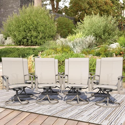 Patio Swivel Chairs Set of 8, Outdoor Swivel Chairs with Armrest, High Back Patio Chair with Metal Frame, All-Weather Outdoor Dining Chair for Deck, Porch and Lawn, Ivory Beige
