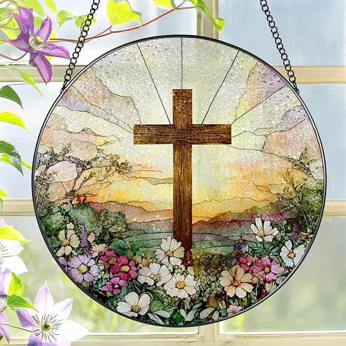 8 Inch Stained Glass Cross & Wildflowers Suncatcher Christian Hanging Ornament Gift for Religious Occasions