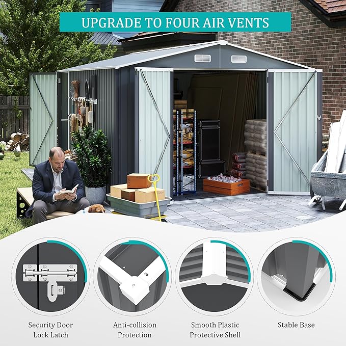 9x11 FT Outdoor Metal Storage Shed with Lockable Door, Steel Garden Utility Shed with Vents, Backyard Patio Tool Shed for Lawn Equipment, Bike, Firewood and Mower Storage, Gray