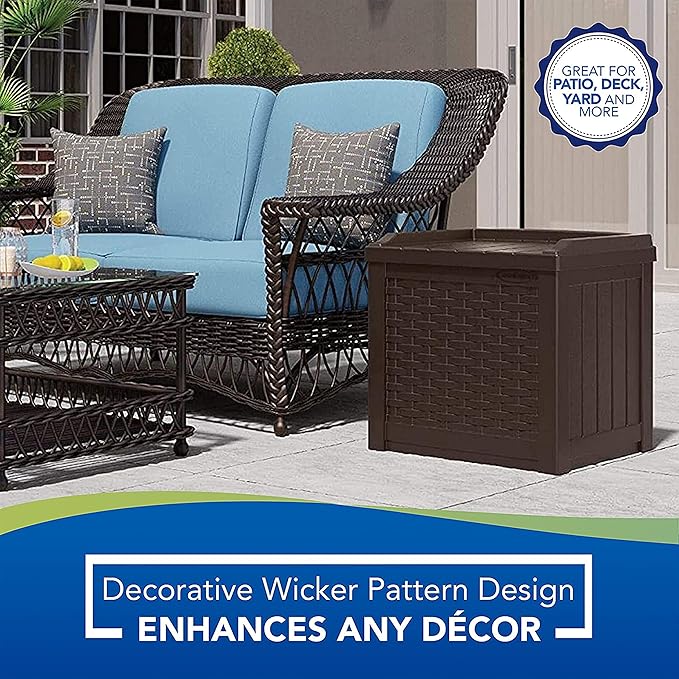 Suncast Small Outdoor Storage Box - 22 Gallon Java Resin Outdoor Deck Box, Flat-Lid Bench Seating, Patio Storage Bin Container for Organizing Tools, Cushions for Porch, Deck, Pool, & Garden