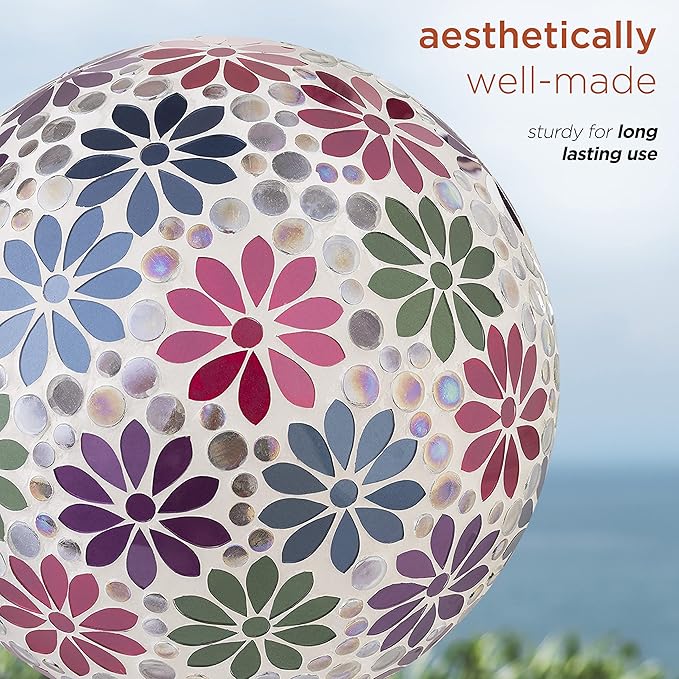 Alpine Corporation 10" Diameter Indoor/Outdoor Glass Mosaic Gazing Globe Yard Decoration, Colorful Daisy Design