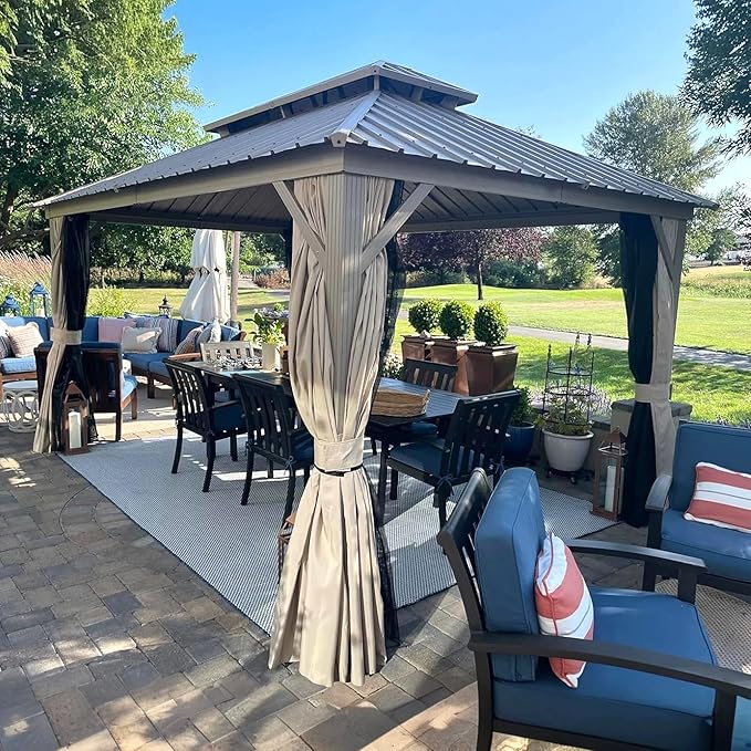 PURPLE LEAF 10' x 14' Outdoor Hardtop Gazebo, Champagne Aluminum Gazebo with Galvanized Steel Double Roof, Curtains and Netting for Patio Lawn and Garden