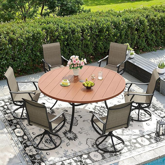 DIFY 7 Pieces Outdoor Patio Dining Set, 6 Brown Textilene Swivel Dining Chairs and 53" Walnut Round Metal Dining Table, Outdoor Table and Chairs