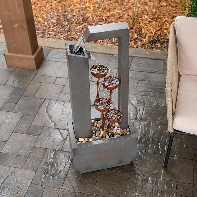 XBrand Metal Sculptural Multi-Tiered Flower Water Fountain, No LED Lights, Gray and Bronze, 38" Tall