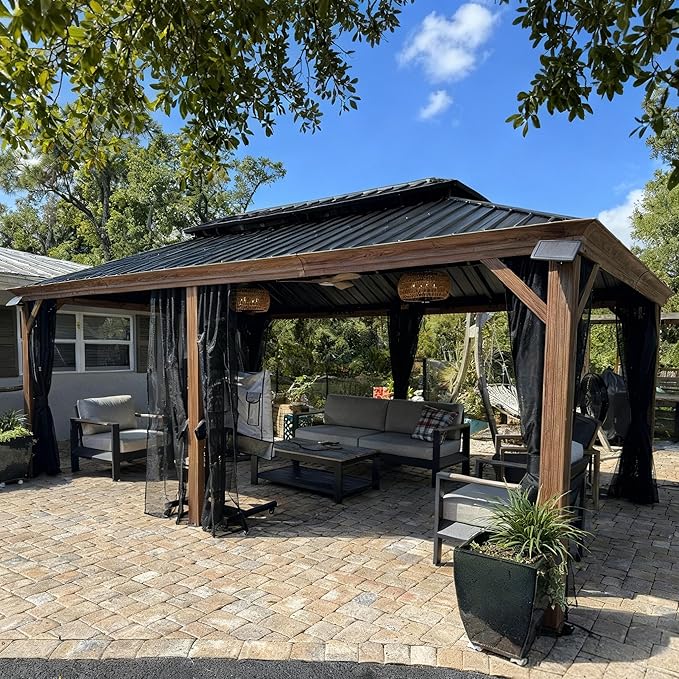 PURPLE LEAF 12' X 20' Outdoor Hardtop Gazebo for Patio Galvanized Steel Double Roof Permanent Canopy Teak Finish Coated Aluminum Frame Pavilion Gazebo with Netting