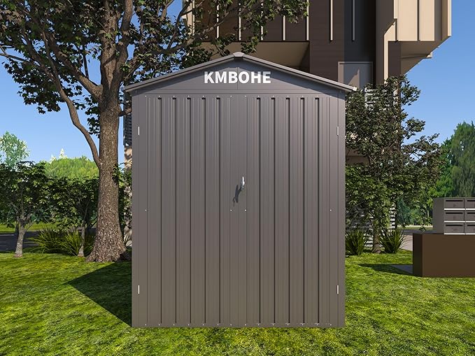 5.5x10FT Motorcycle Outdoor Storage Shed with Window, Lockable Steel Shed for Motorcycle, Heavy-Duty Weather-Resistant, 66.2" L x 121" W x 79.7" H, Grey – Easy Assembly