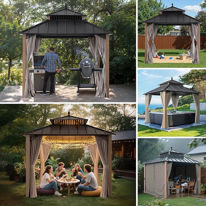 SUNJOY Kingston 10' x 10' Hardtop Gazebo with Galvanized Steel Double Roof, Curtain and Netting, Woodgrain Finish Aluminum Posts Permanent Pavilion Gazebo for Garden, Patio, Deck, Lawn