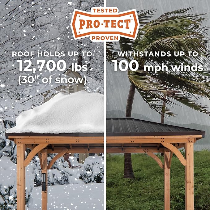 Backyard Discovery Barrington 20' x 12' Cedar Wood Outdoor Gazebo Pavilion with Hardtop Galvanized Steel Hip Roof, Snow Support, Wind Resistance, PowerPort, Shade for Garden, Patio, Deck, Entertaining