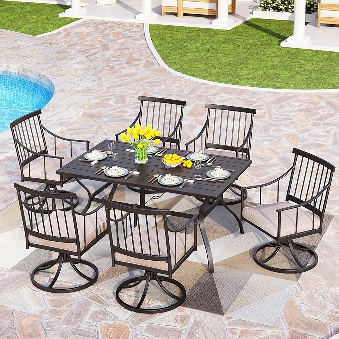 PHI VILLA 7 Pieces Outdoor Dining Set for 6, 60" Rectangle Black Steel Table with Umbrella Hole & Swivel Metal Iron Chairs with Cushions, Modern Furniture for Patio, Deck, Yard, Porch