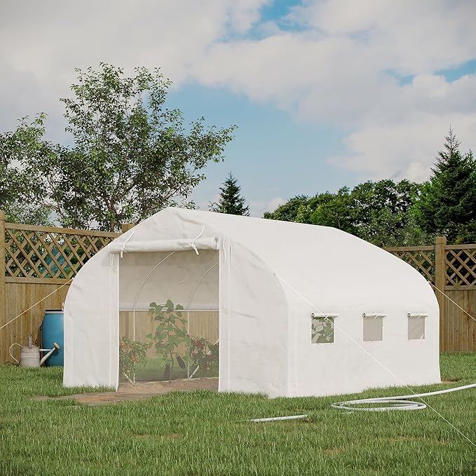 Outsunny 11.5' x 10' x 6.5' Walk-in Tunnel Greenhouse, Green House with Zippered Mesh Door, 7 Mesh Windows & Roll-up Sidewalls, Upgraded Gardening Plant Hot House with Galvanized Steel Hoops, White