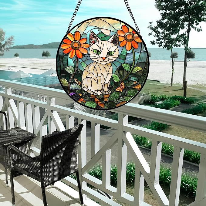 Stained Glass Window Hanging - White Cat Green Plants Orange Flowers Sun Catcher for Door Garden Home Decor Suncatcher Christmas Mother's Day Birthday Gifts for Women Men Mom Nana 11.8 in