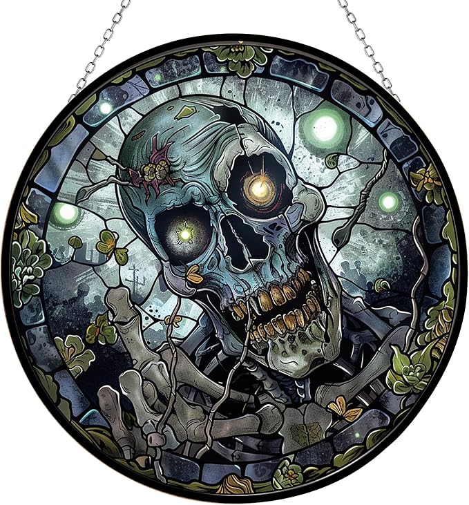 Skull Stained Glass Suncatcher Window Hanging, Gothic Dragon Christmas Ornaments for Fiction Lovers, Dinosaur Room Decor for Nursery New Home Gifts