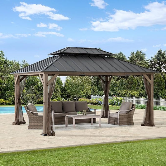 SUNJOY 12x16 Hardtop Wood Gazebo with Galvanized Steel Roof and Mosquito Netting, Outdoor Permanent Pavilion Cedar Gazebo for Backyard, Garden, Patio, Deck, Lawn