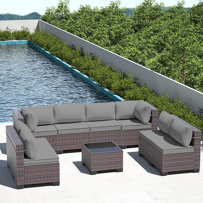 Outdoor Patio Furniture Set, 9 Pieces Outdoor Furniture All Weather Patio Sectional Sofa PE Wicker Modular Conversation Sets with Coffee Table,8 Chairs & Seat Clips(Grey)