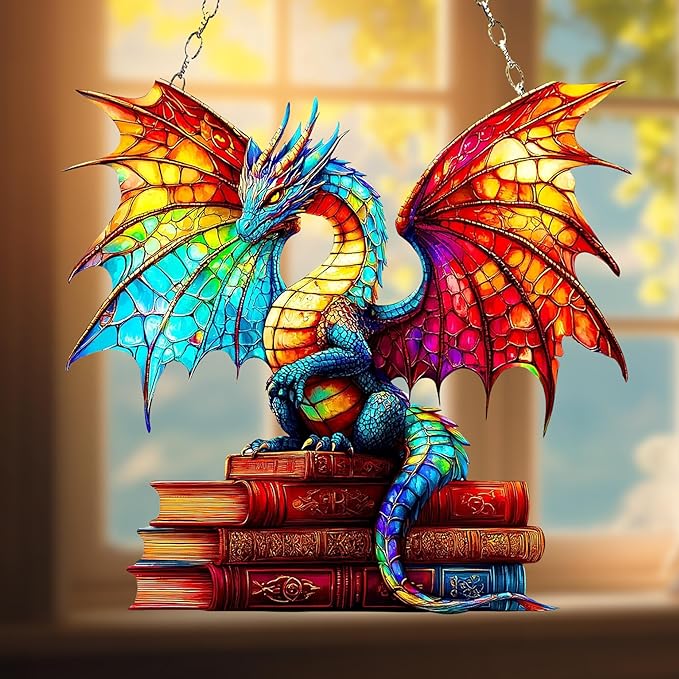 Book Dragon Acrylic Suncatcher Stained Glass Effect Window Car Hanging Christmas Ornament Indoor Outdoor Decor Garden Bookish Sun Catcher Panel for Books Lover for Women Mom Grandma