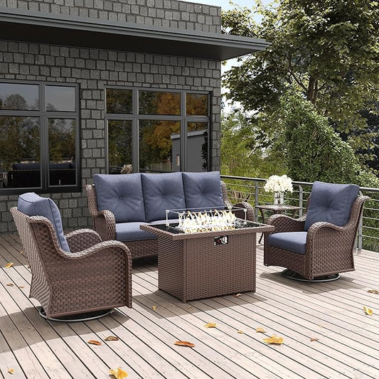 LayinSun 5 Pieces Outdoor Patio Furniture Set with Fire Pit Table, Rattan Wicker Sectional Swivel Rocker Chairs Sets with Swivel Glider Chair and Coffee Table