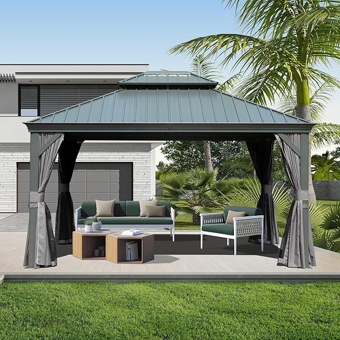 Domi 10' X 14' Hardtop Gazebo Metal Gazebo Canopy with Galvanized Steel Double Roof, Aluminum Frame, Curtains and Netting for Patio, Deck, Garden, Outdoor Shelter, Grey