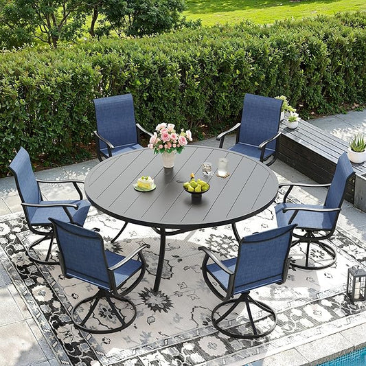 DIFY 7 Pieces Outdoor Patio Dining Set, 6 Blue Textilene Swivel Dining Chairs and 53" Black Round Metal Dining Table, Outdoor Table and Chairs
