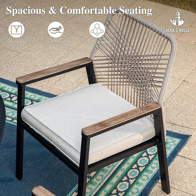 HERA'S HOUSE 7 Pieces Patio Table and Chairs Set, Outdoor Dining Set for 7, 6 x Cushioned Woven Rattan Patio Chairs and 1 x 54” Round Table with Umbrella Hole, Outdoor Rattan Dining Set for Lawn