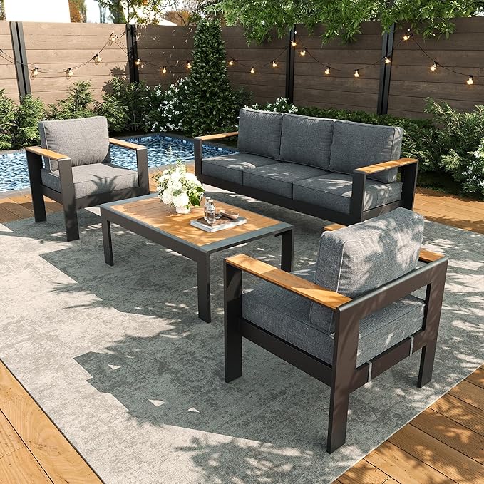 LayinSun 4 Piece Aluminum Outdoor Furniture Set with Coffee Table, Outside Patio Deep Seating Conversation Set with Upgraded Washable Thick Cushion