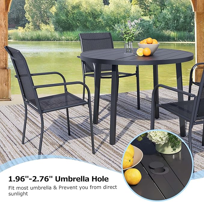5 Pieces Round Dining Table Set for 4, Patio Dining Set Includes 4 Black Stackable Patio Chairs and 1 Black Round Table, Patio Furniture Sets with Sling Support for Outside, Garden
