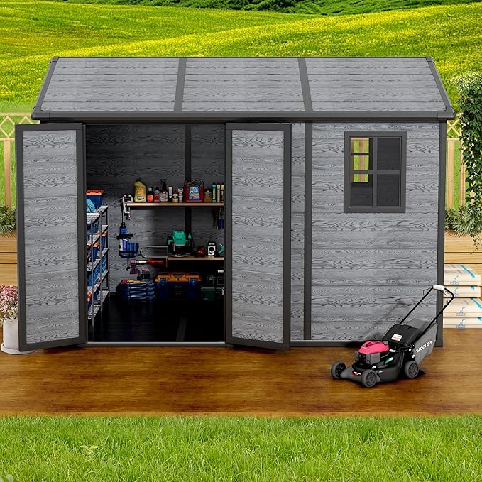 10x8 FT Resin Outdoor Storage Shed with Floor, Weather-Resistant Plastic Garden Shed with Windows, Lockable Door and Vents, Outside Tool Storage Sheds for Backyard, Garden, Lawn, Wood Grain